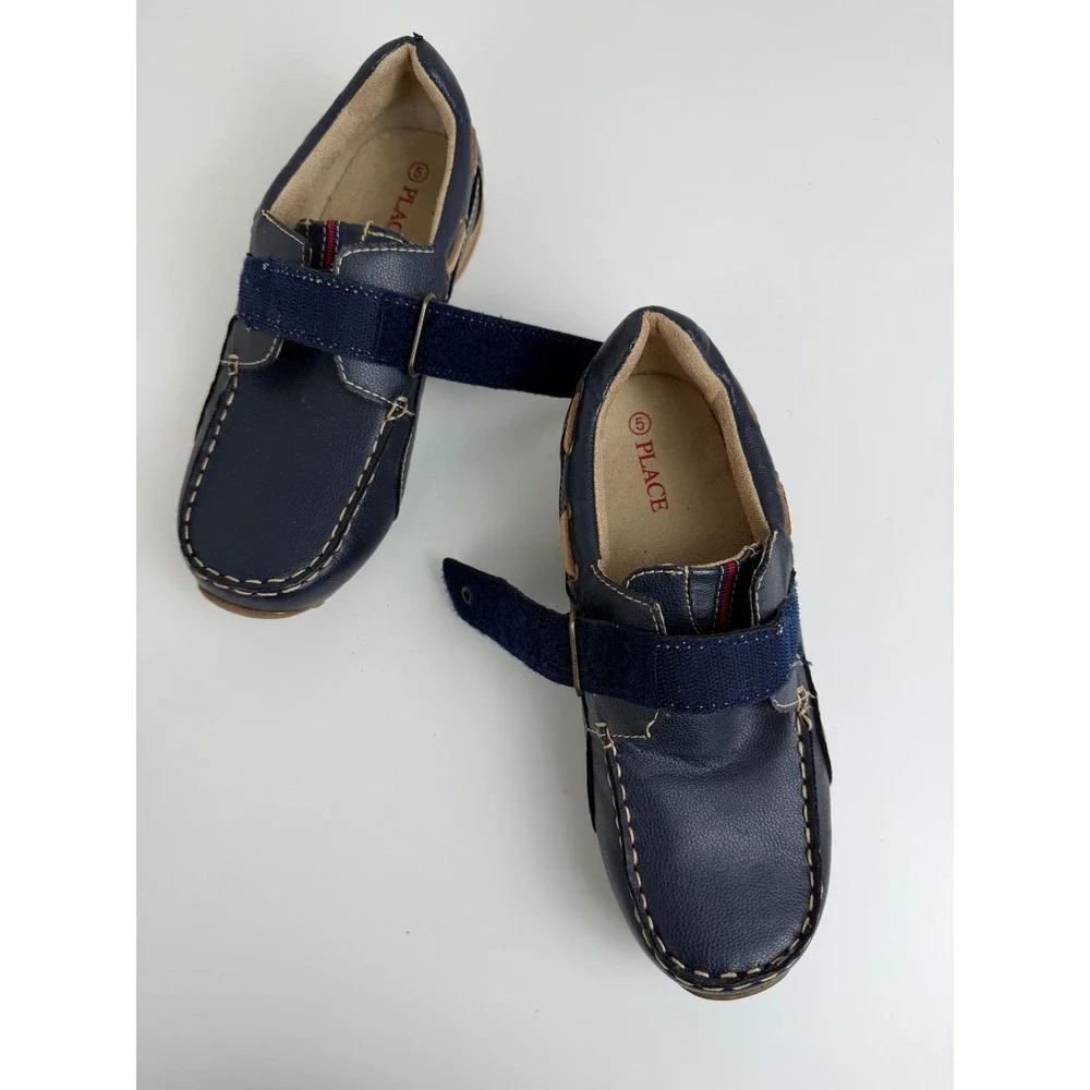 The Children's Place Boys Size 5 Navy Blue Boat Shoes Hook Loop Loafers Casual